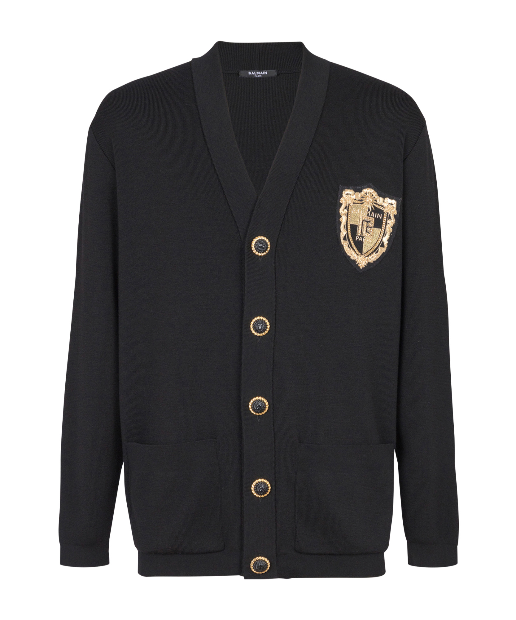 Shop Balmain Knit Cardigan With Embroidered Patch In Black