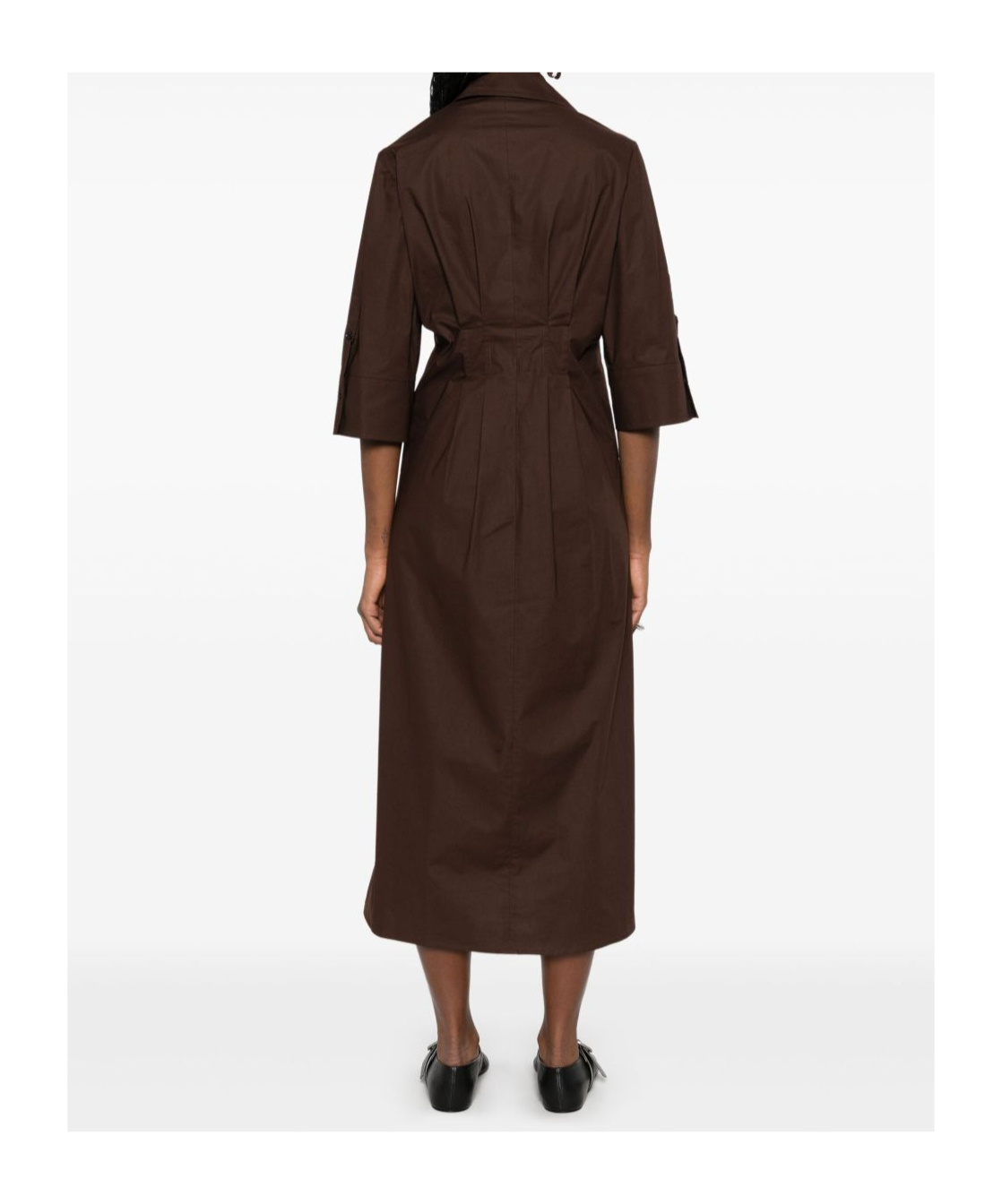 Seventy Chocolate Brown Popelin Dress With Pleat Detailing And Side Slits In Black