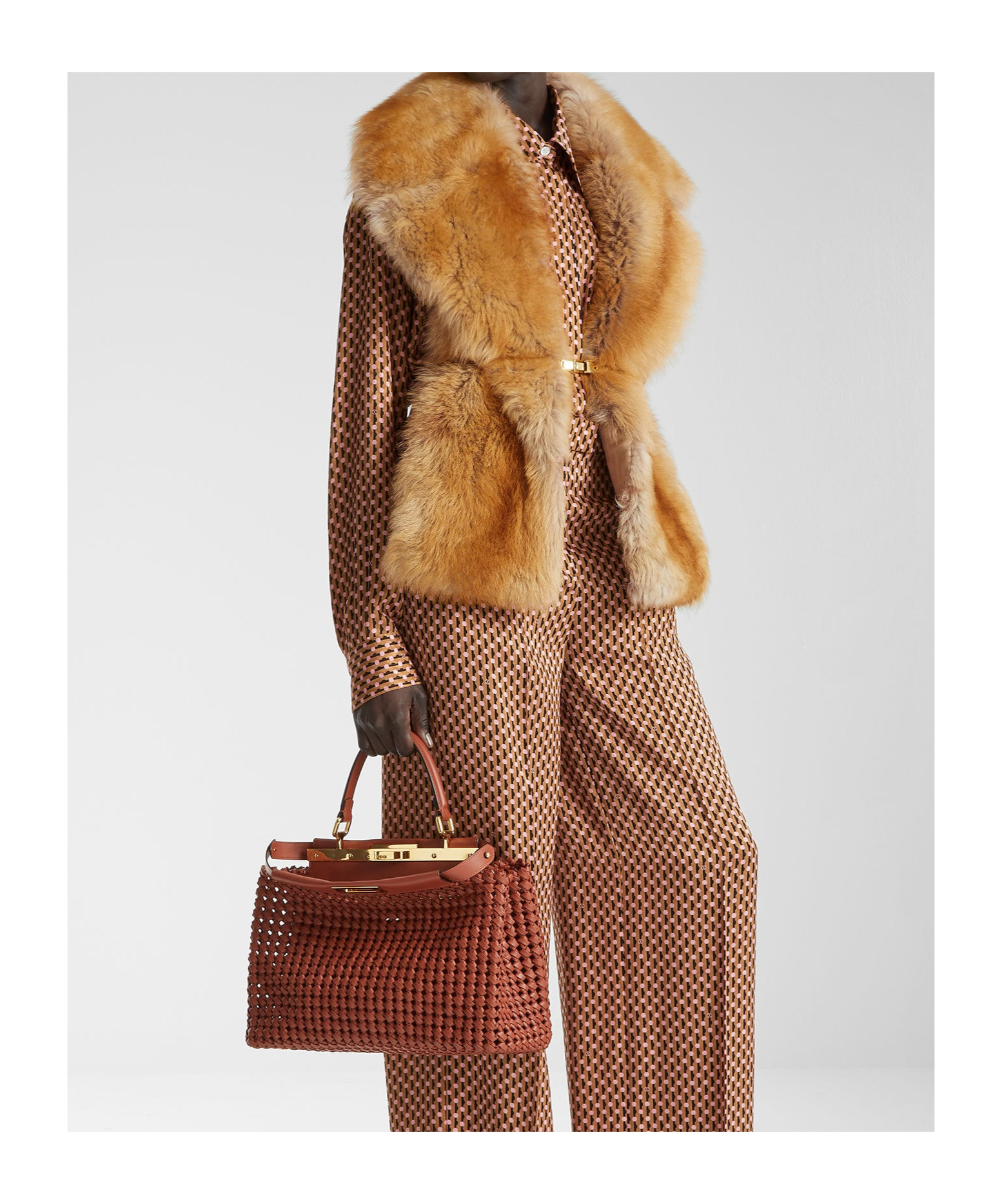 Fendi Caramel-colored Dorsato Shearling Scarf In Brown
