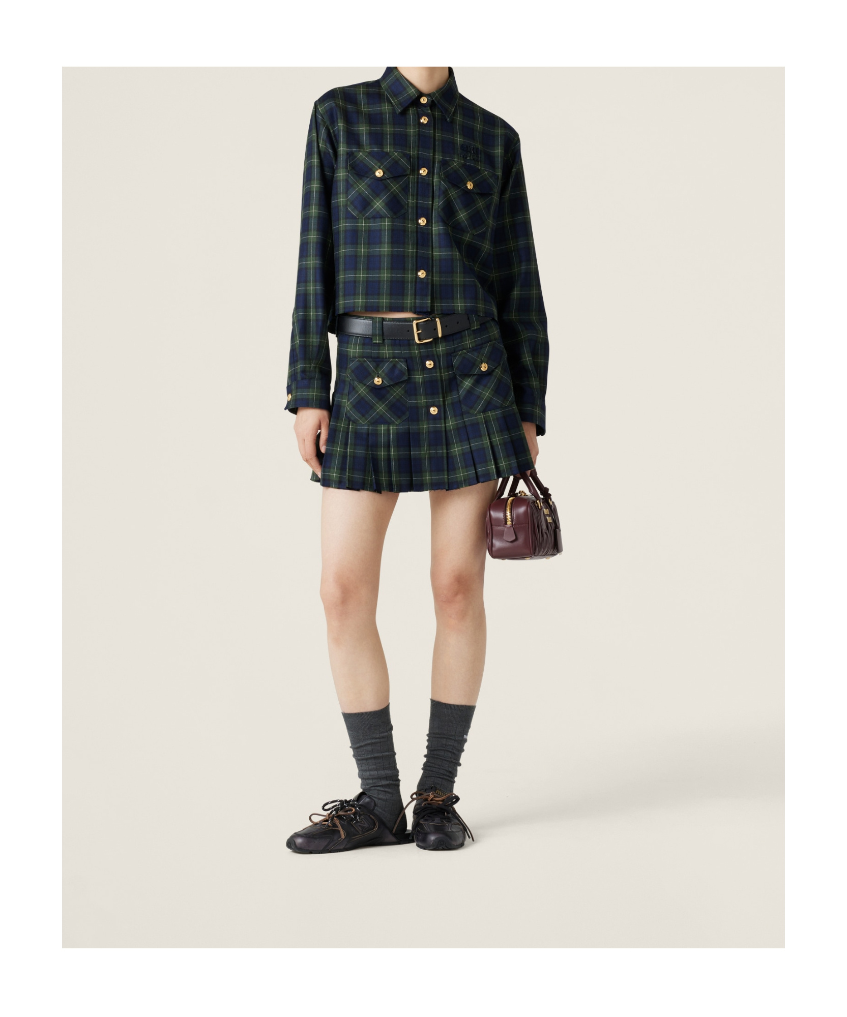 Shop Miu Miu Pleated Tartan Miniskirt In Black