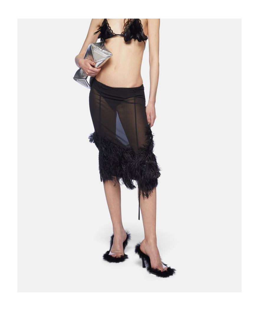 Attico Chic Low-waisted Midi Skirt With Feather Embellishment In Black