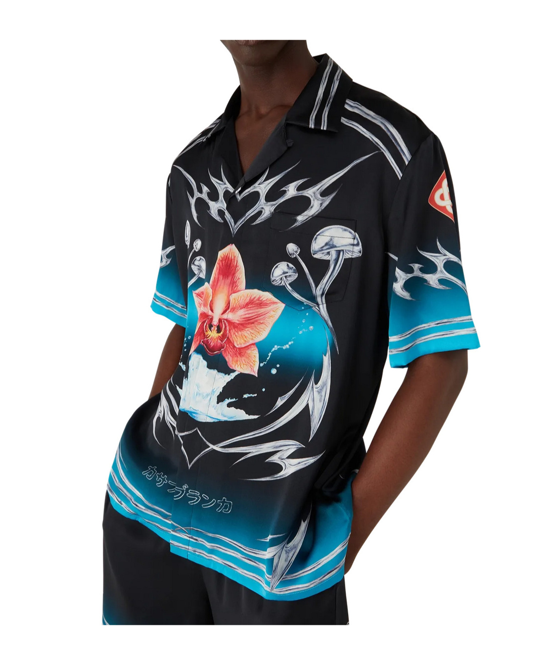 Casablanca Blades Orchid-print Cuban-collar Shirt In Black