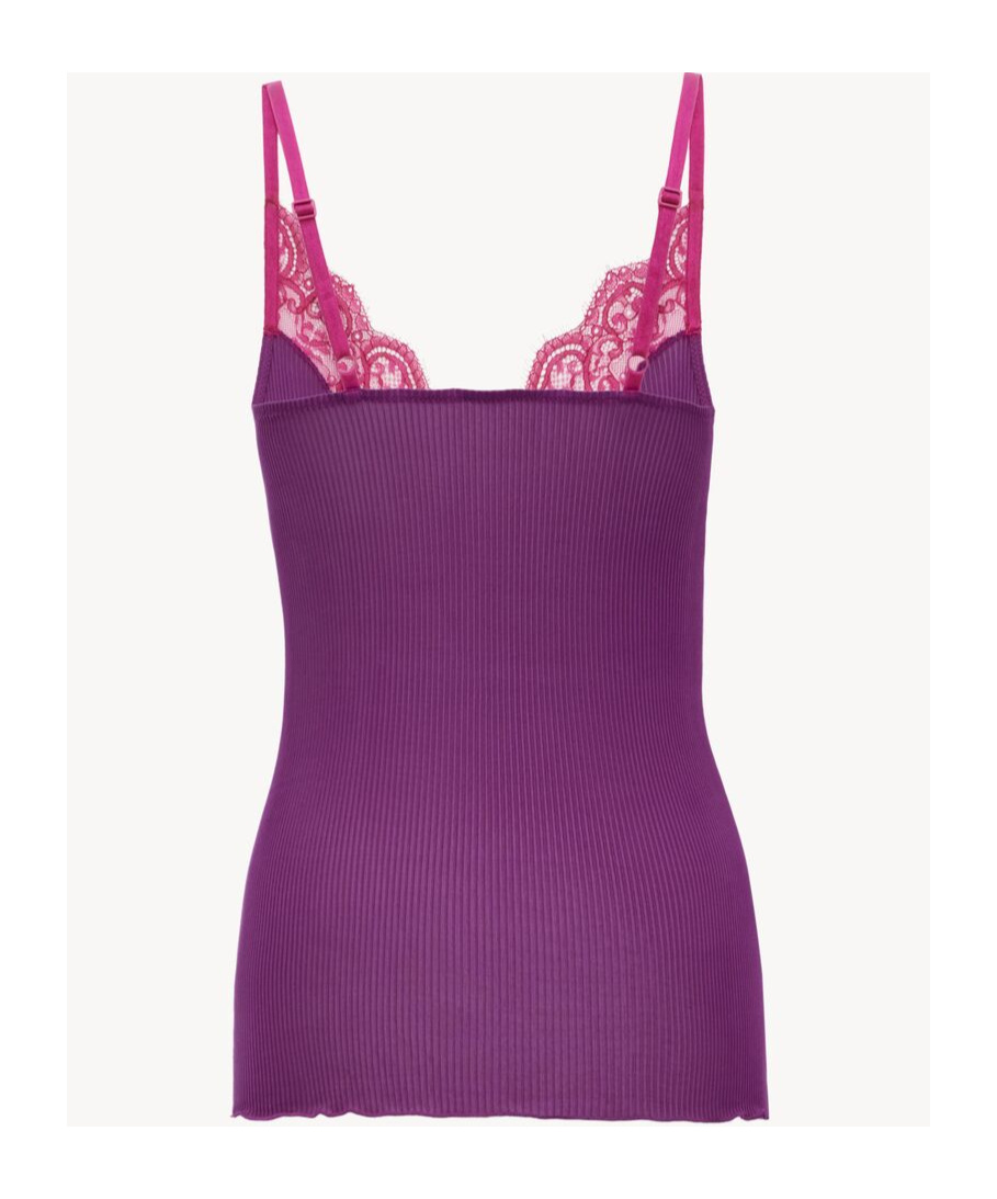 Saint Laurent Lace Tank Top In Ribbed Silk Jersey In Purple-red