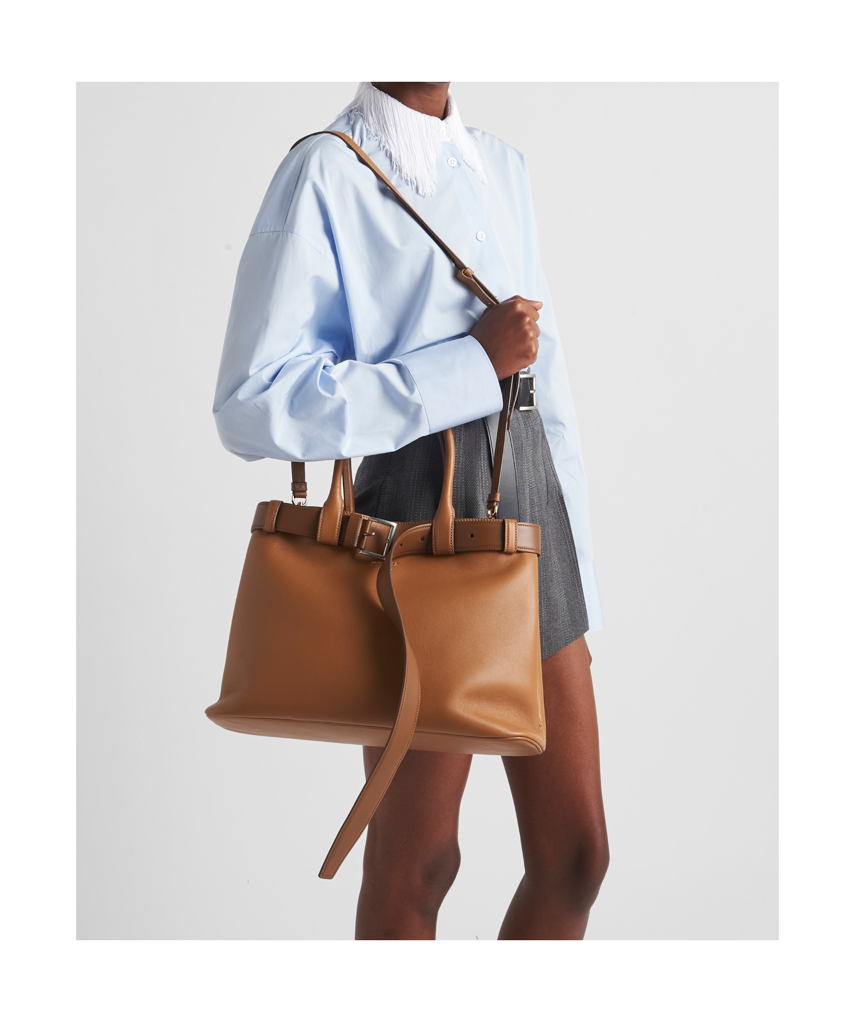 Prada Buckle Large Leather Handbag With Belt In Brown