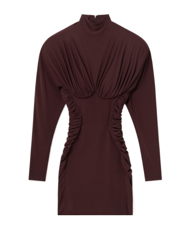 Stella Mccartney Pleated Long Sleeve Crepe Jersey Minidress In Brown