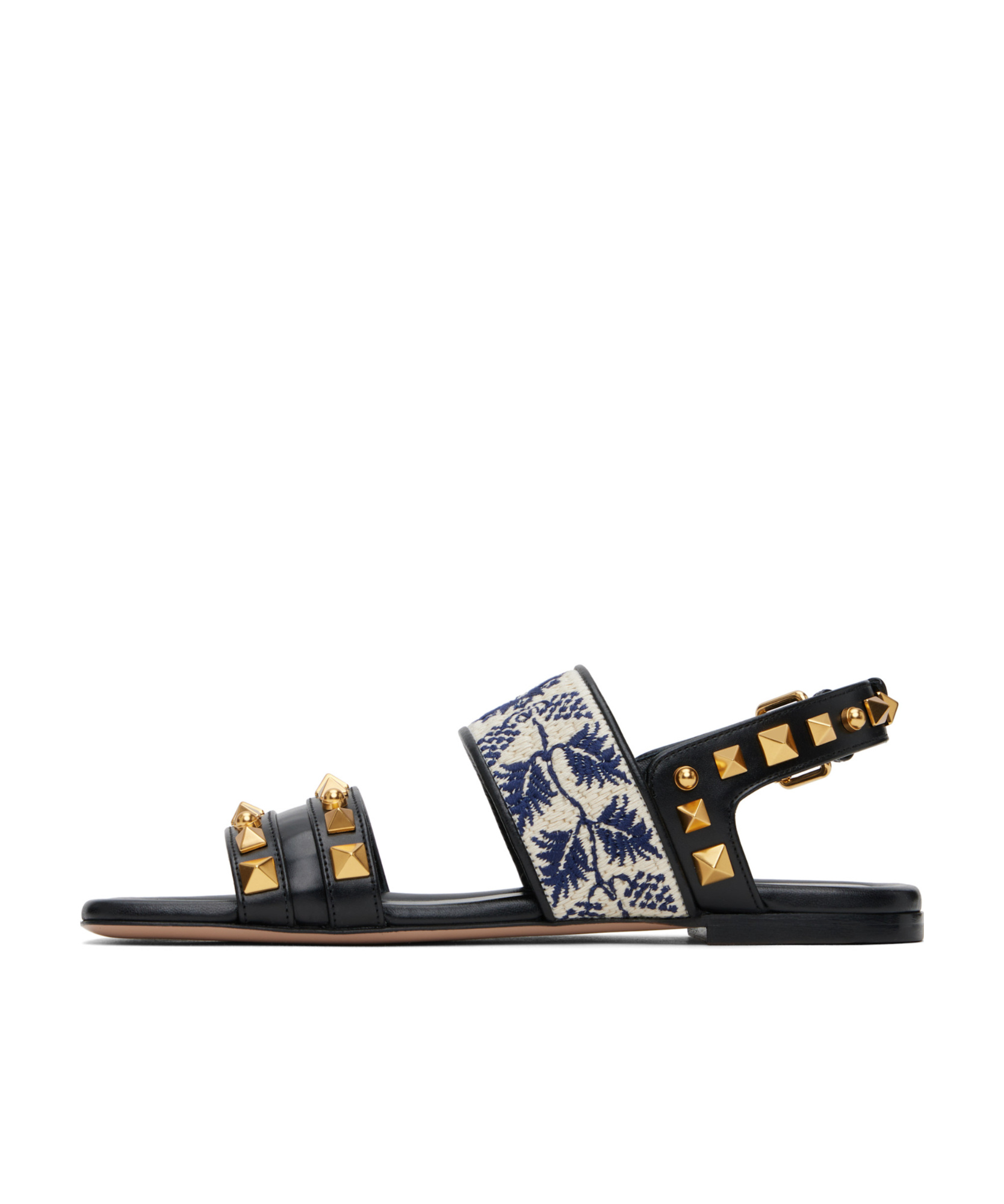 Valentino County Rockstud Floral-embroidered Leather Sandals In Black