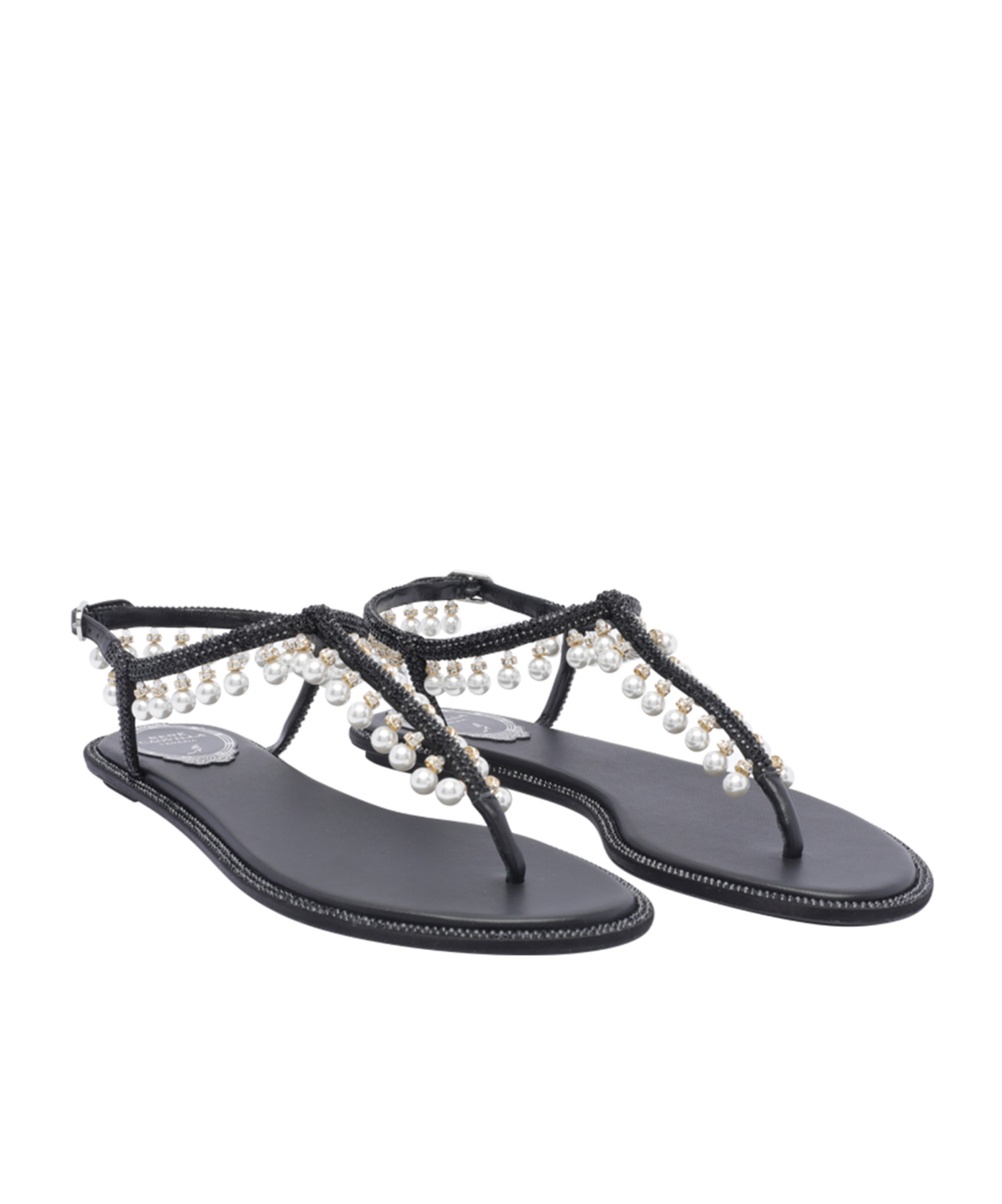 René Caovilla Flat Sandals Adorned Open Toe In Black