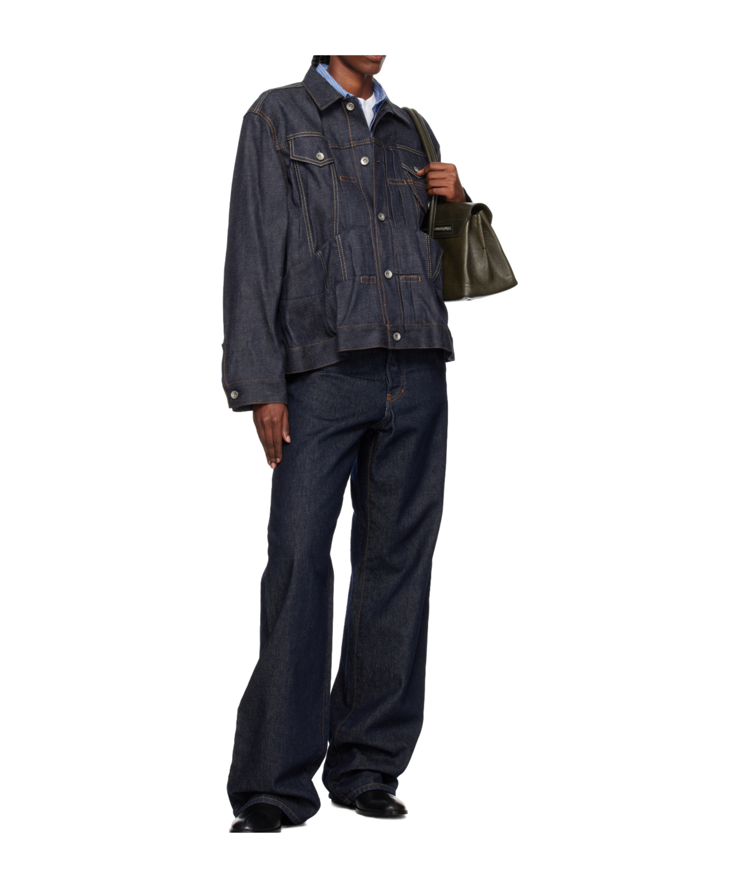 Sacai Navy Pleated Denim Jacket In Blue