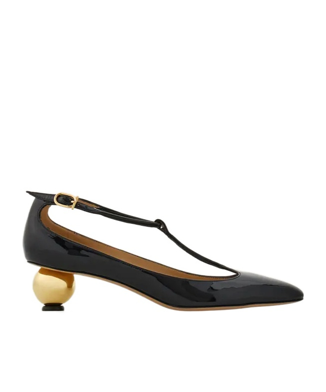 Ferragamo Round Toe T-bar Strap Gold Heel In Black