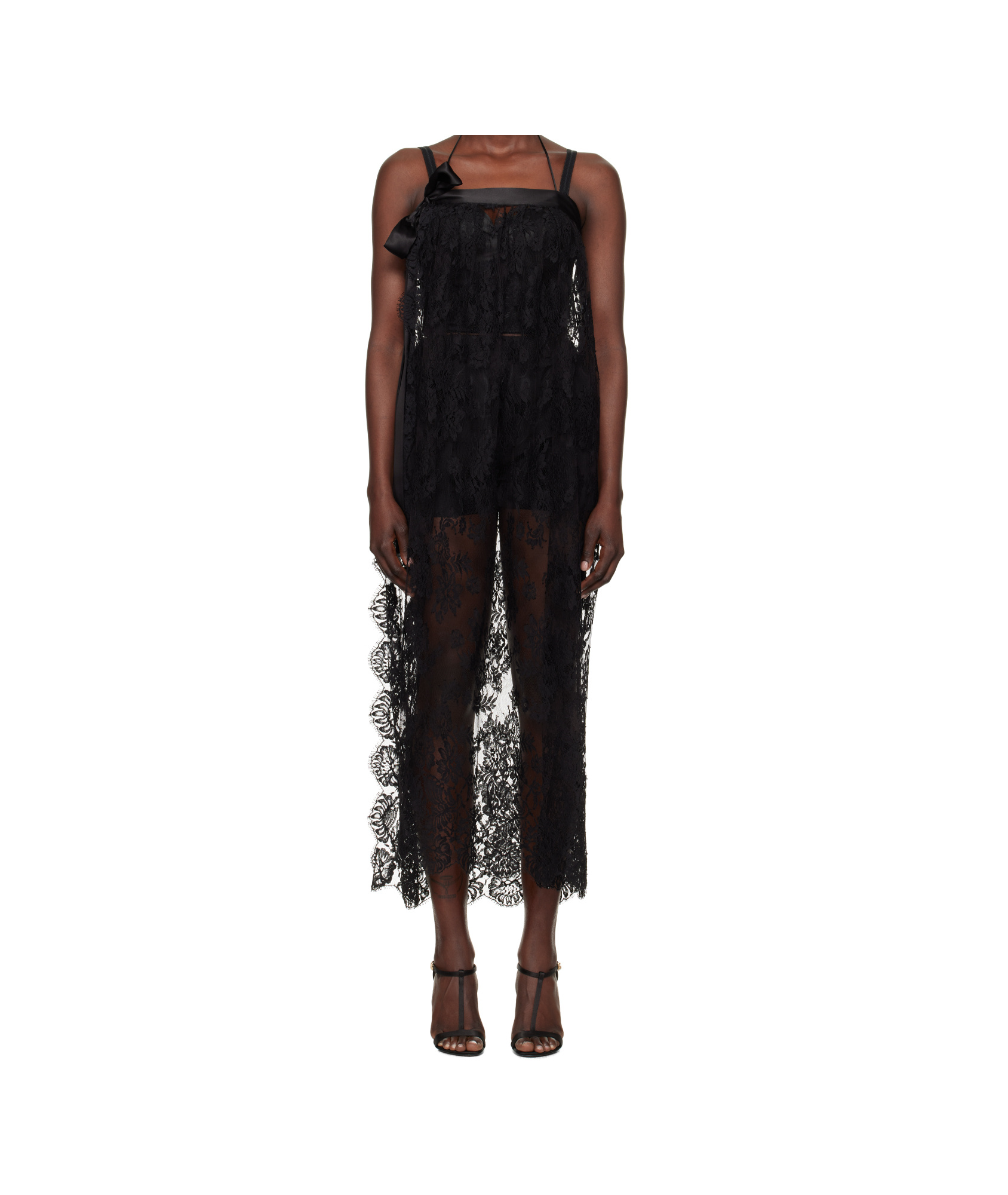 Dolce & Gabbana Calf-length Chantilly Lace Dress With Satin Details In Black