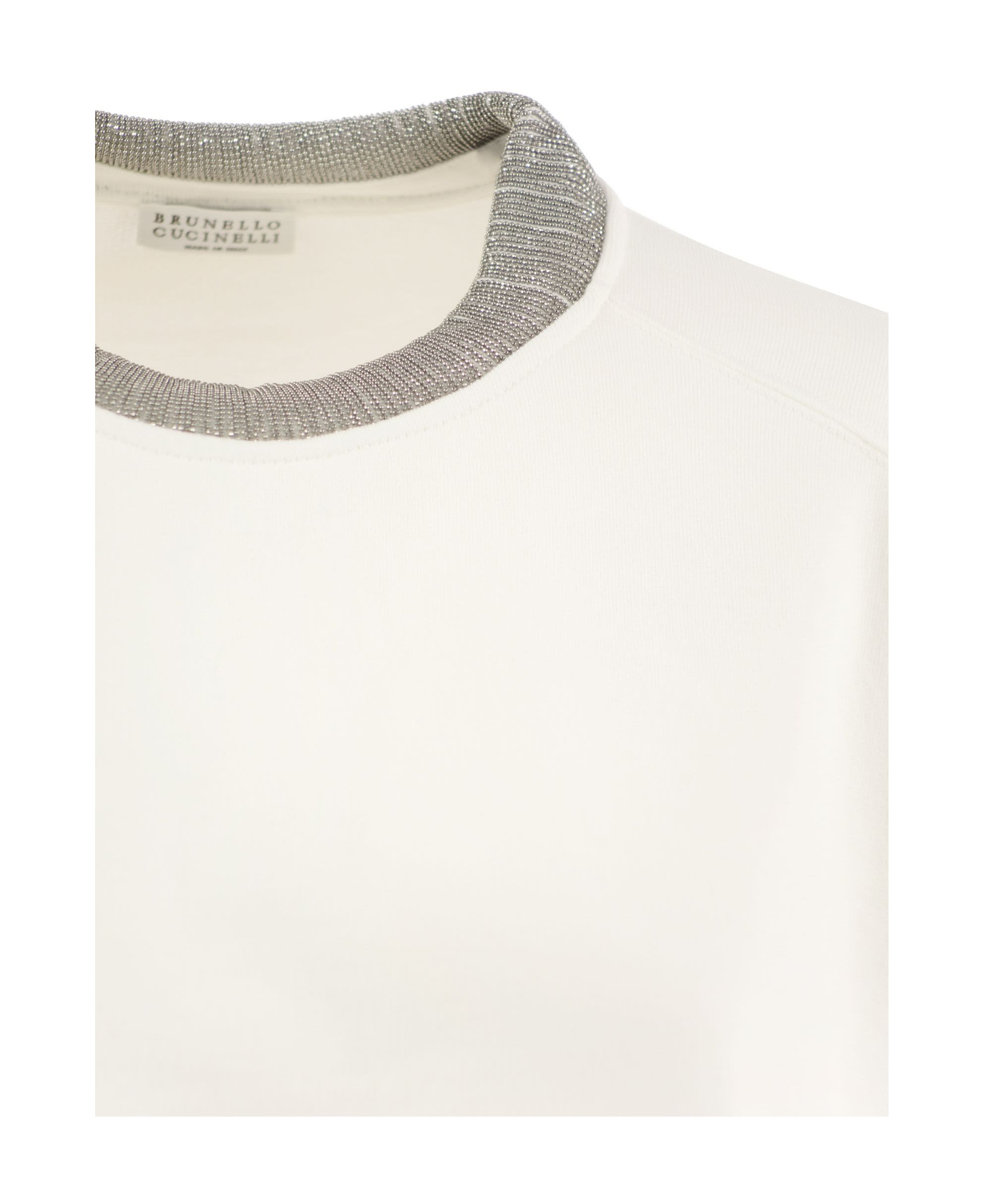 Brunello Cucinelli Women Smooth Cotton Fleece Topwear With Ribbed Collar Precious In White