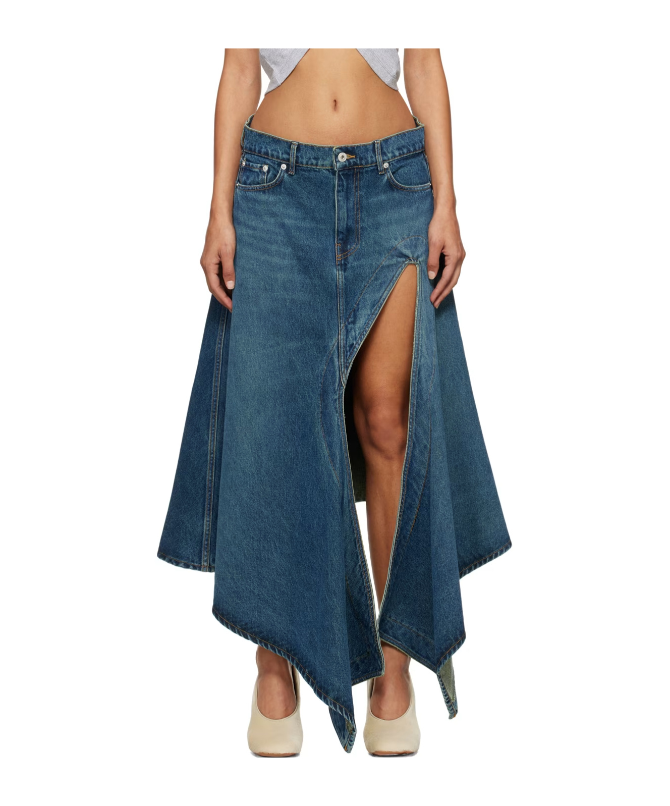Y/project Y Project Denim Midi Skirt With Cut Out Details In Blue
