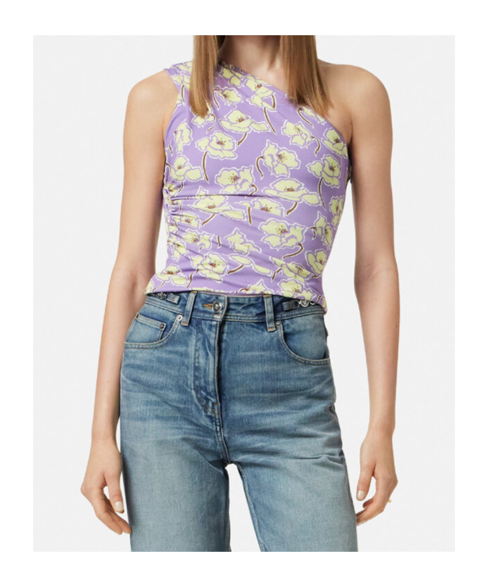 Versace One-shoulder Floral Print Top In Purple