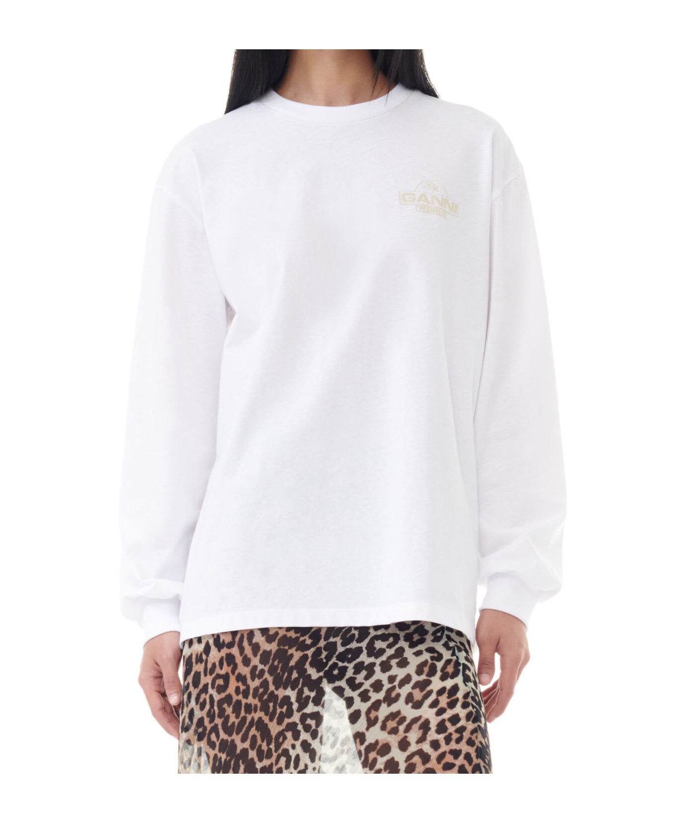 Ganni Future Heavy Jersey Palm Long Sleeve Tee Bright White In White