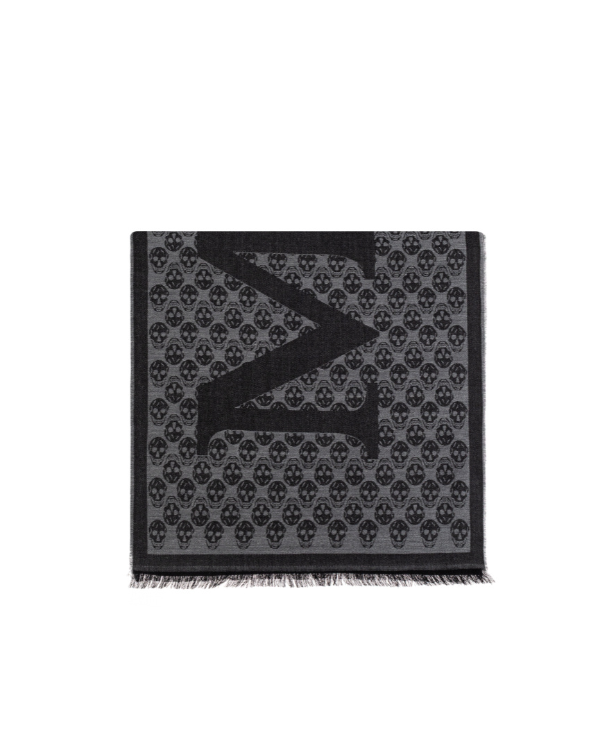 Alexander Mcqueen Multi-logo Wool Scarf With Fringed Edges In Black
