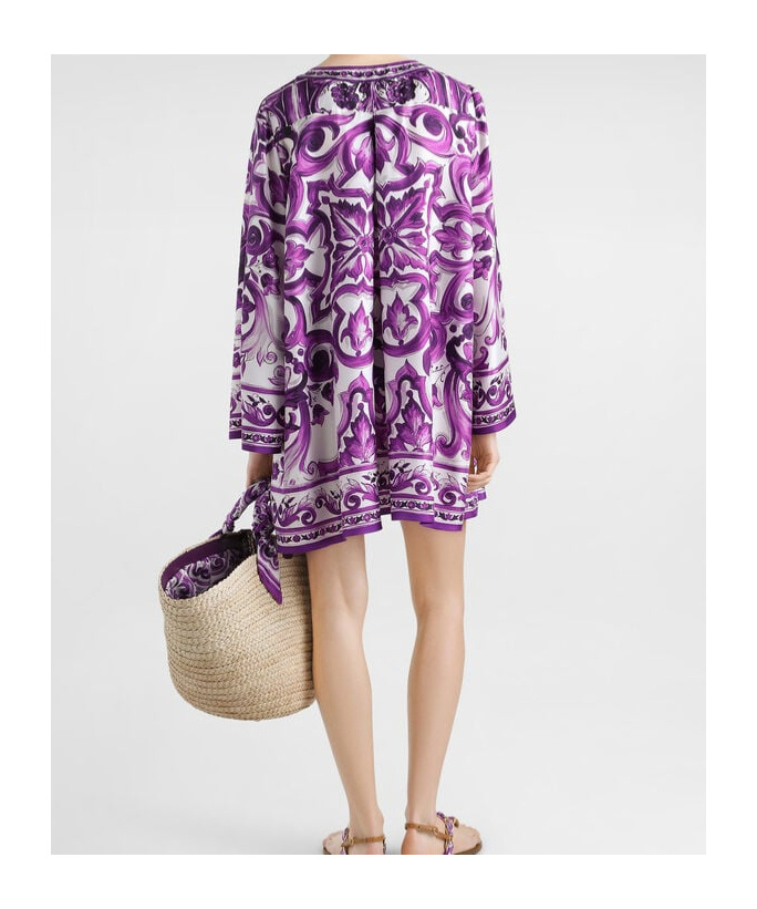 Dolce & Gabbana Majolica Silk Twill Long-sleeve Mini Shift Dress In Purple