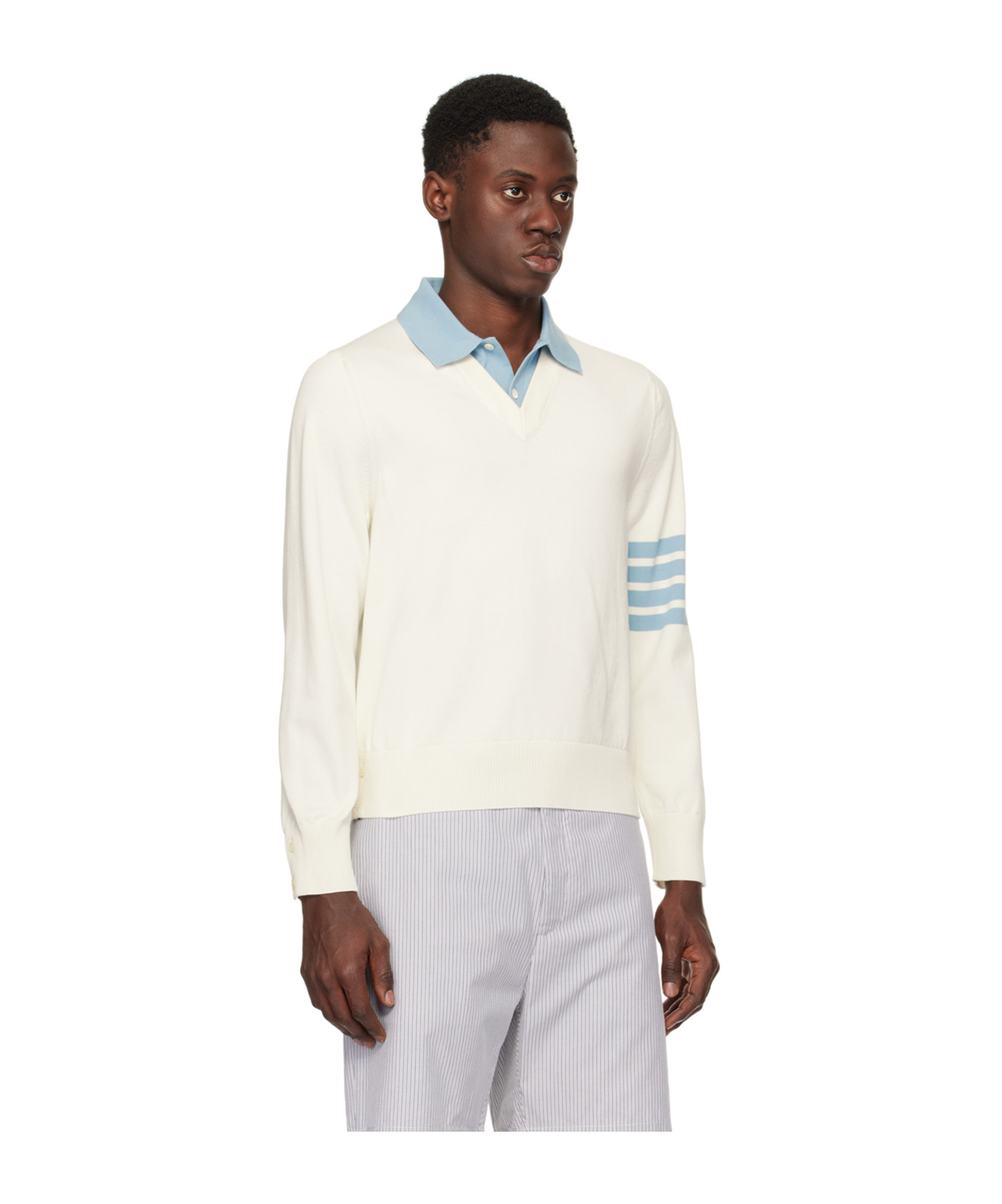 Thom Browne Off-white 4-bar Long Sleeve Polo In White