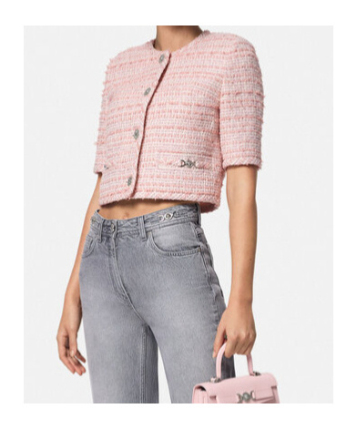 Versace Tweed Short-sleeved Cardigan Jacket In Pink