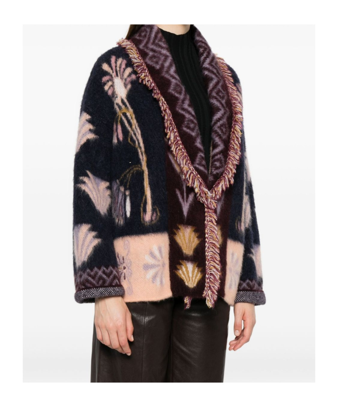 Forte Forte Sogni Multicolor Cardigan With Fringed Details And All-over Geometric Motif In Wool Blend Woman In Multi