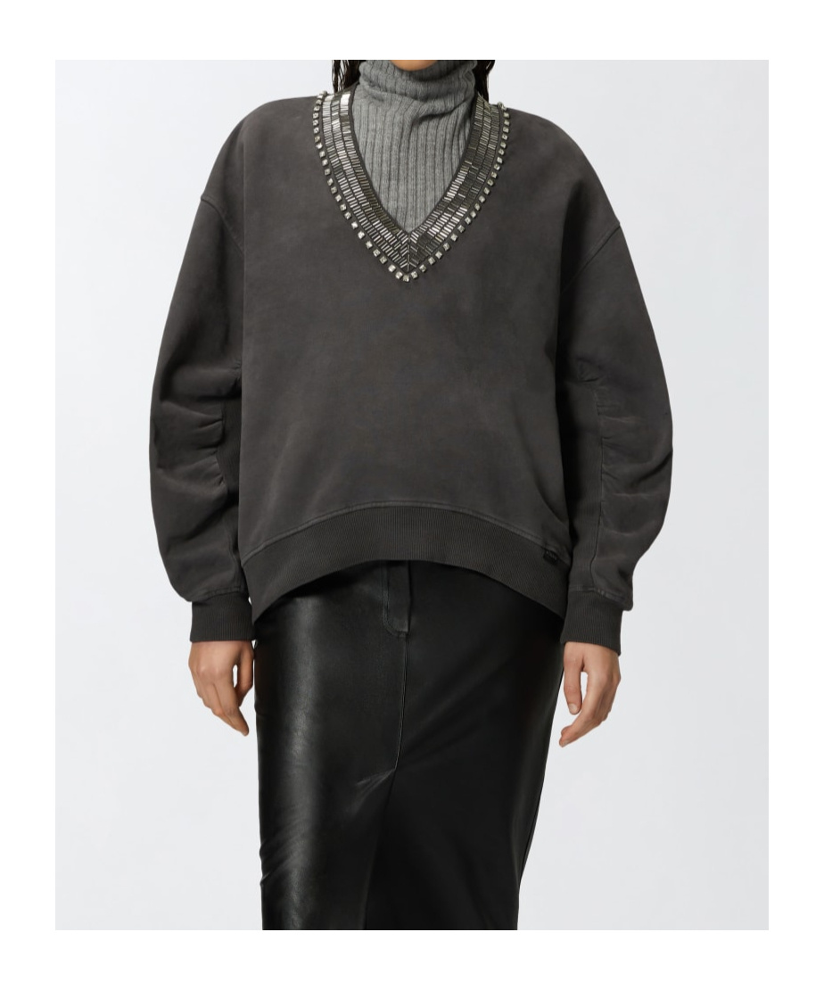 Pinko Oversized Sweatshirt With Shiny Embroidered Neckline In Black