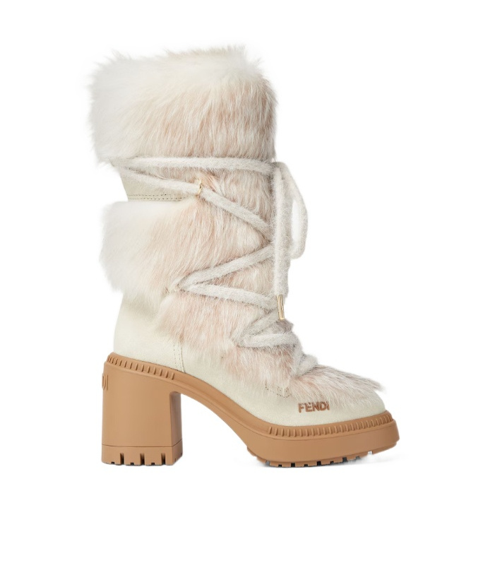 Fendi Medium-heeled Boots In White Shearling And Suede In White