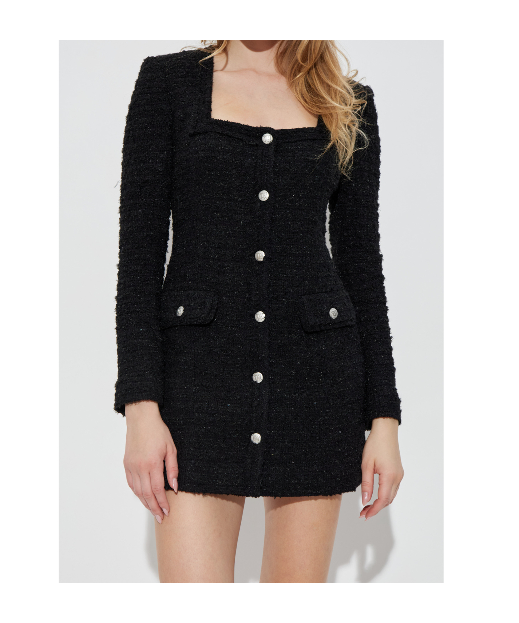 Misbhv Coarse Tweed Button-down Dress In Black