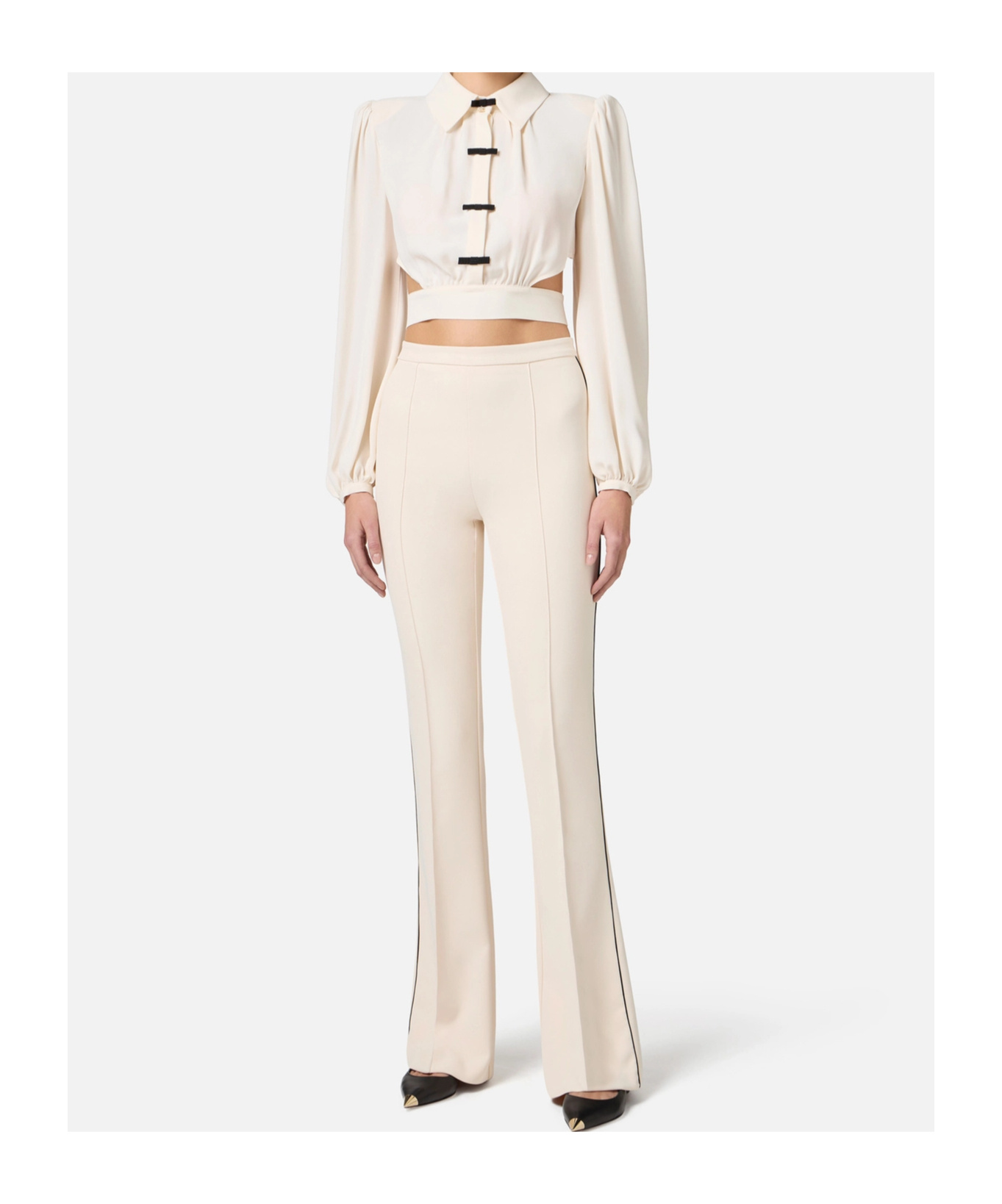 Elisabetta Franchi Contrasted Piping Crêpe Trousers In Neutral