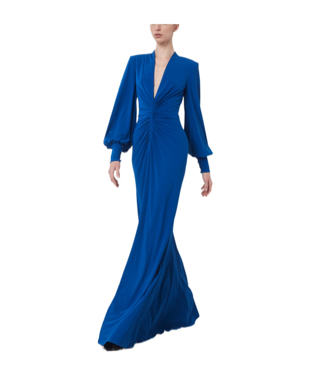 Badgley Mischka Ruched Deep V-neck Jersey Gown In Blue