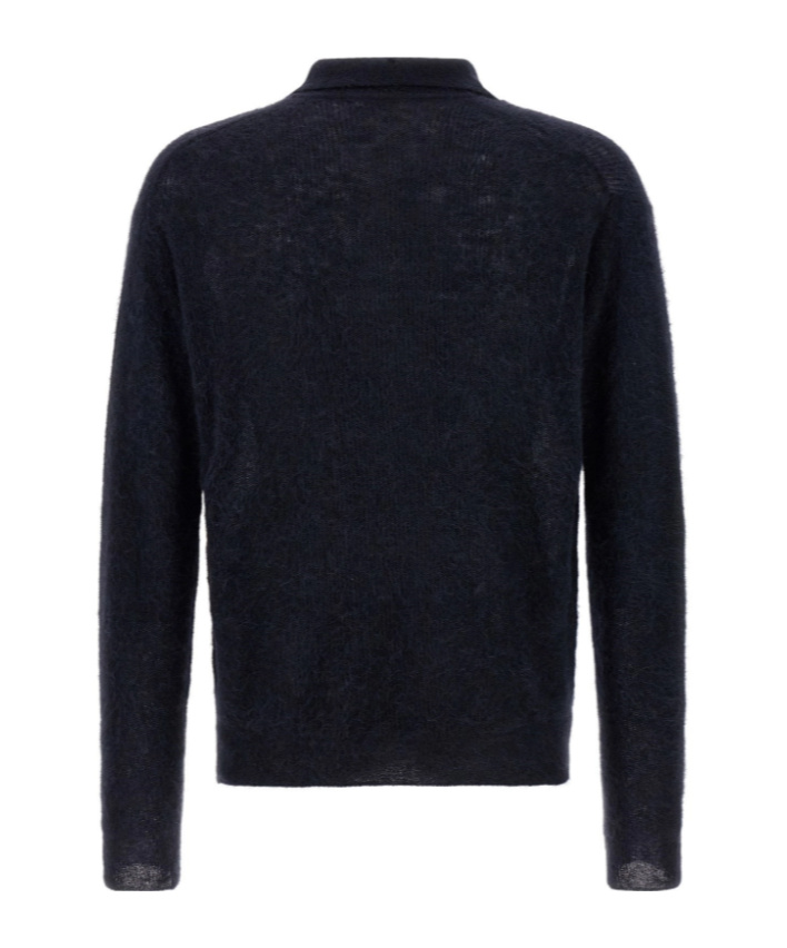 Auralee Sheer Knit Skipper Polo In Blue