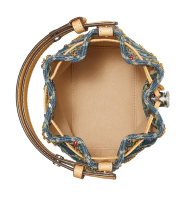 Tory Burch T Monogram Mini Denim Bucket Bag In Gray