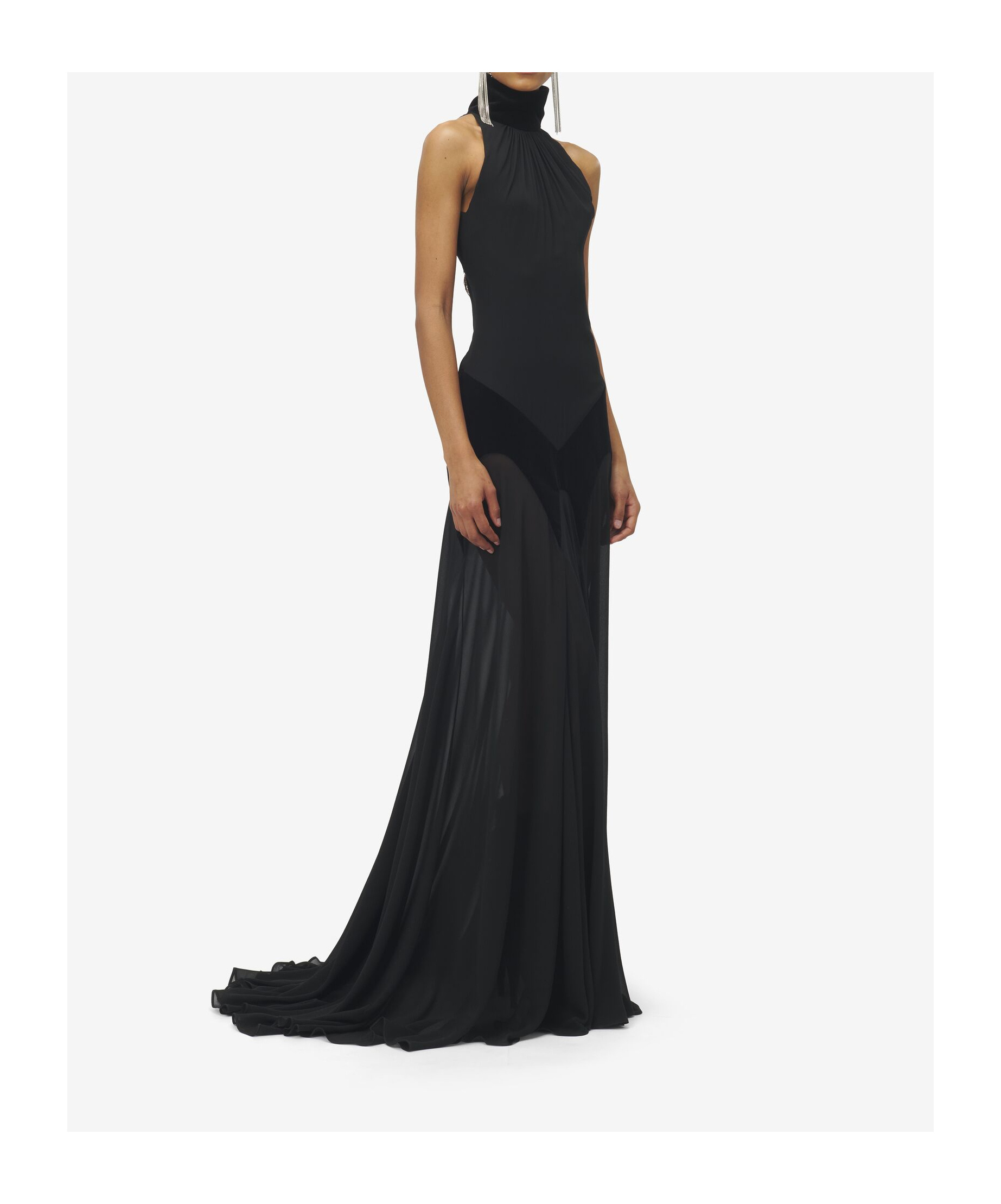 Alexander Mcqueen Cotton Velvet-trimmed Gathered Silk-georgette Turtleneck Gown In Black