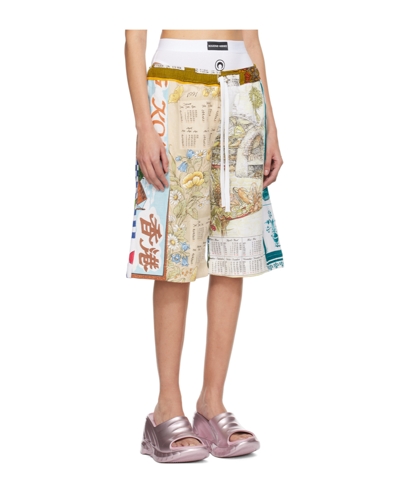 Marine Serre Regenerated Household Linen Calendar Patterned Shorts In Multicolor