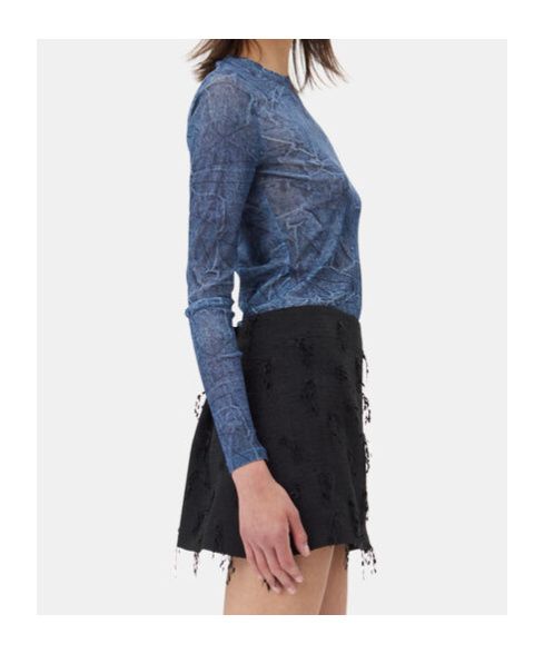 Ganni Marl Mesh Long Sleeve Crew Neck Blouse In Denim In Blue