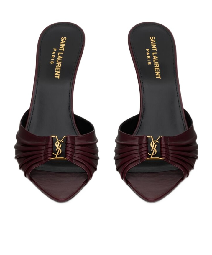 Saint Laurent Babylone Embellished Gathered Glossed-leather Mules In Bordeaux