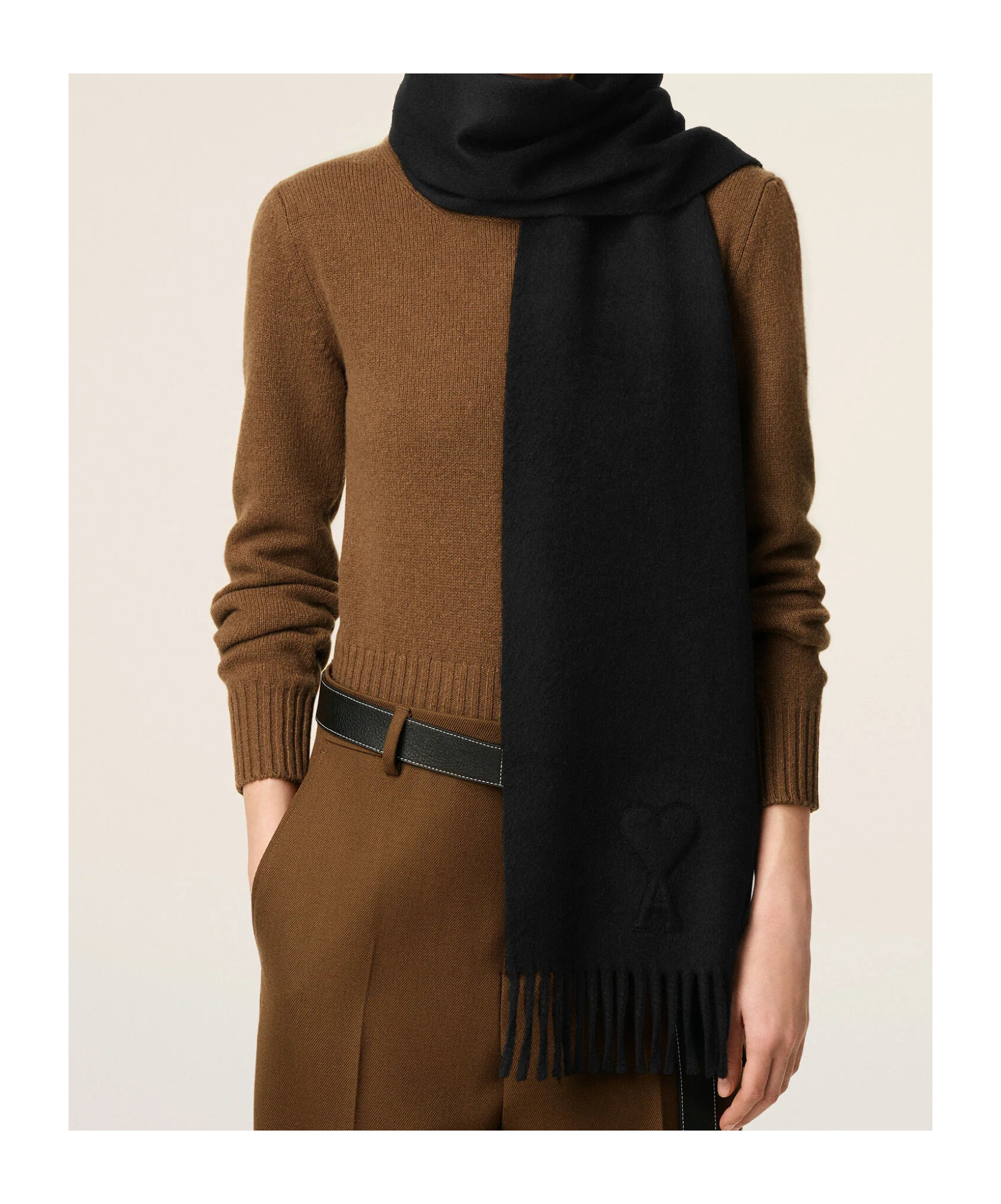 Ami Alexandre Mattiussi Ami Ami De Coeur Fringed Embossed Scarf In Black
