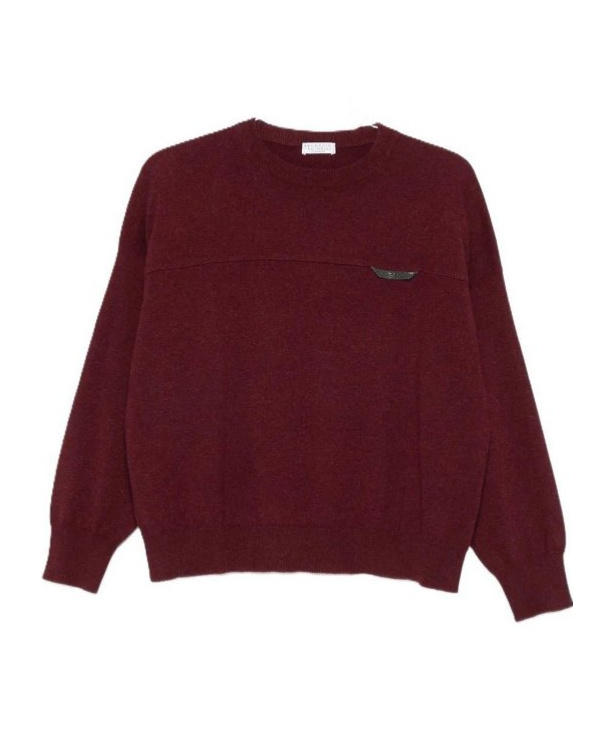Brunello Cucinelli Crew Neck Cashmere Sweater With Embroidered Detail In Red