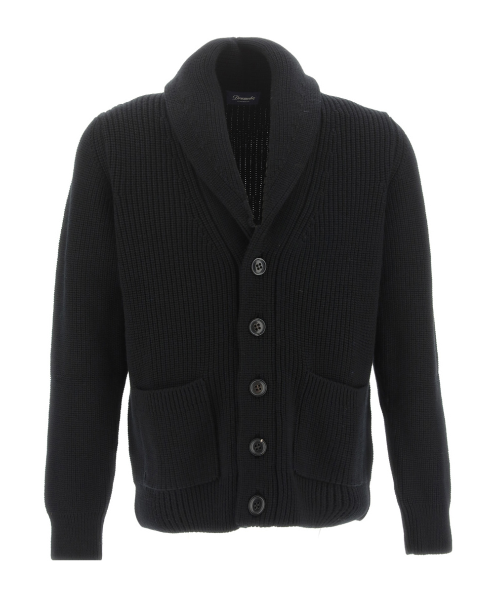 Drumohr Shawl-lapel Ribbed-knit Cardigan In Black