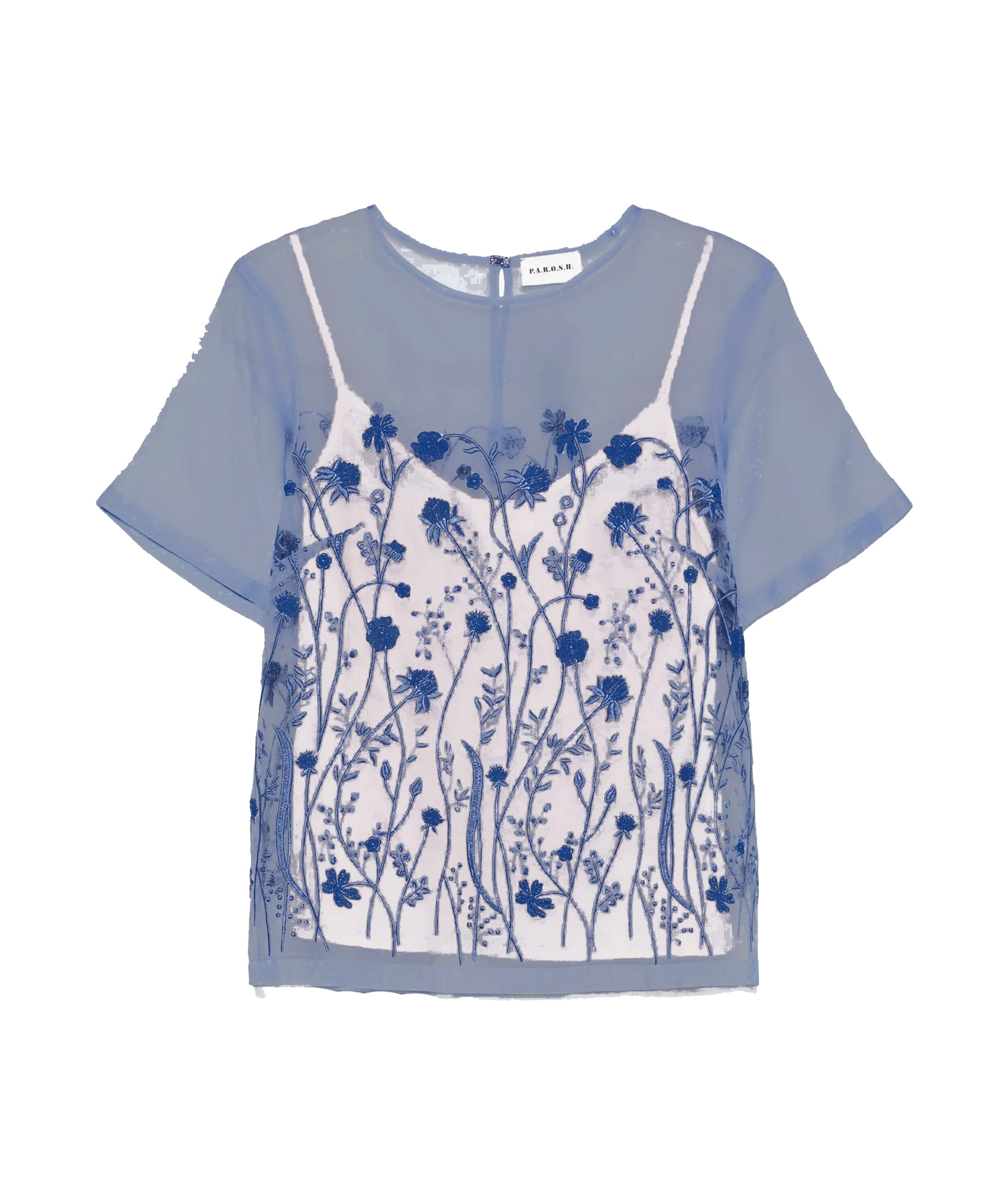 P.a.r.o.s.h Floral Embroidered Sheer Overlay Blouse With Keyhole In Navy
