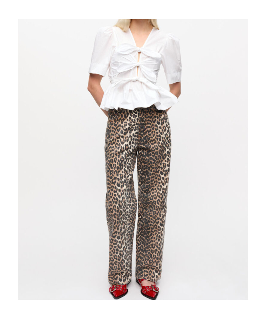 Ganni Belted Tie-detailed Gathered Cotton-blend Poplin Blouse In White