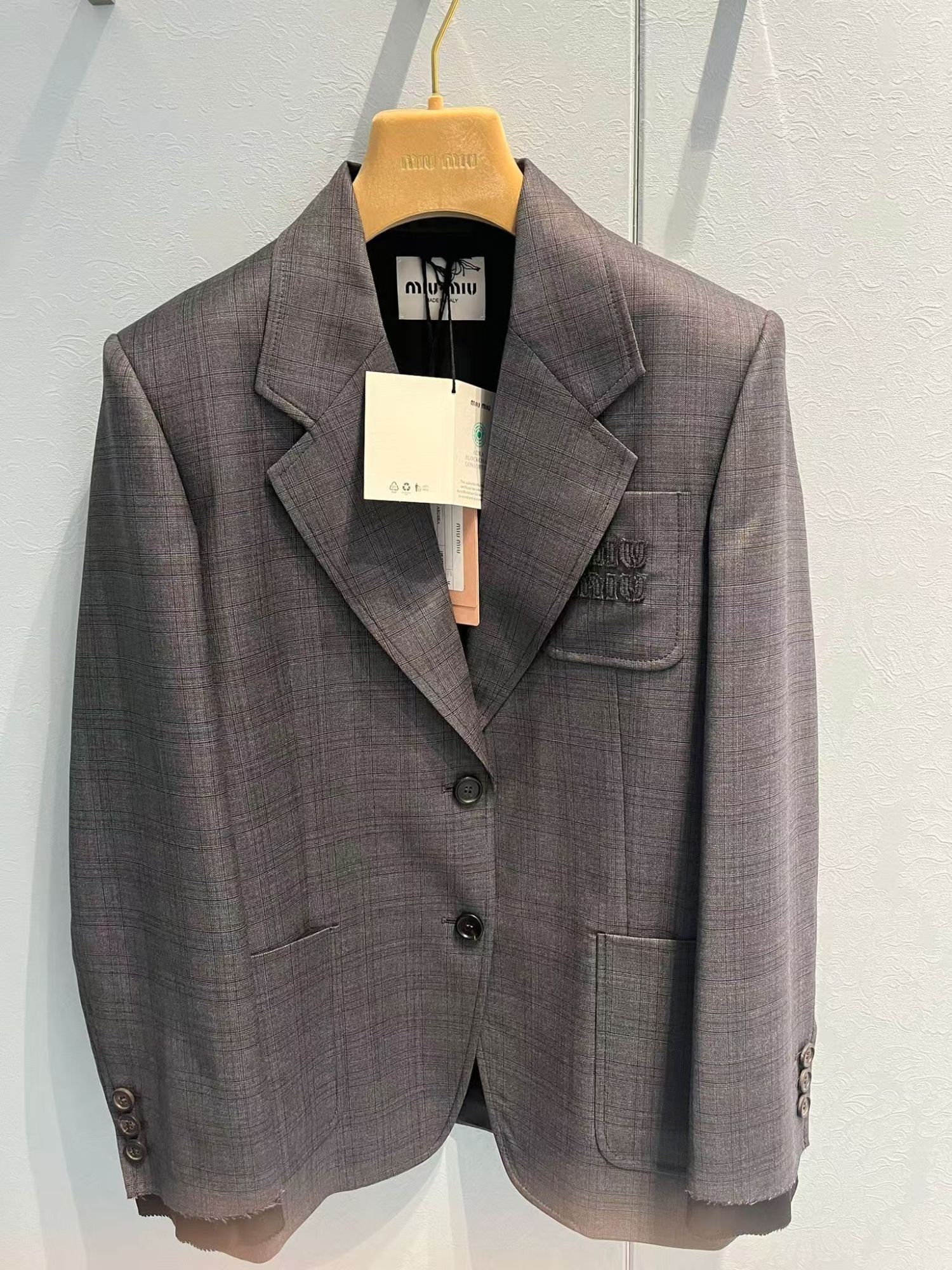 Miu Miu Prince Of Wales Checked Wool Jacket In Gray