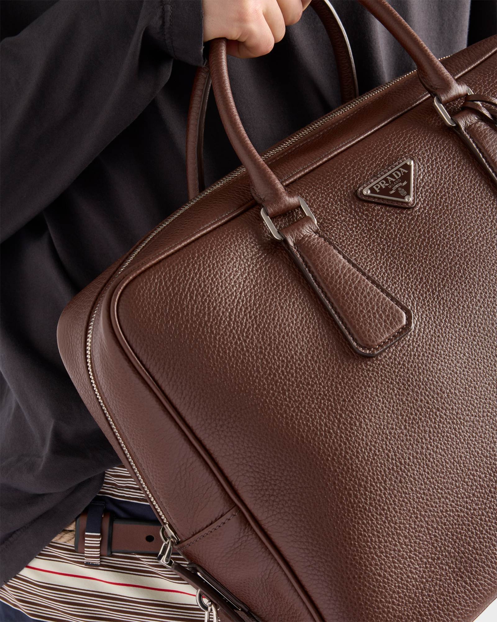 Prada Textured Leather Briefcase With Polished Hardware