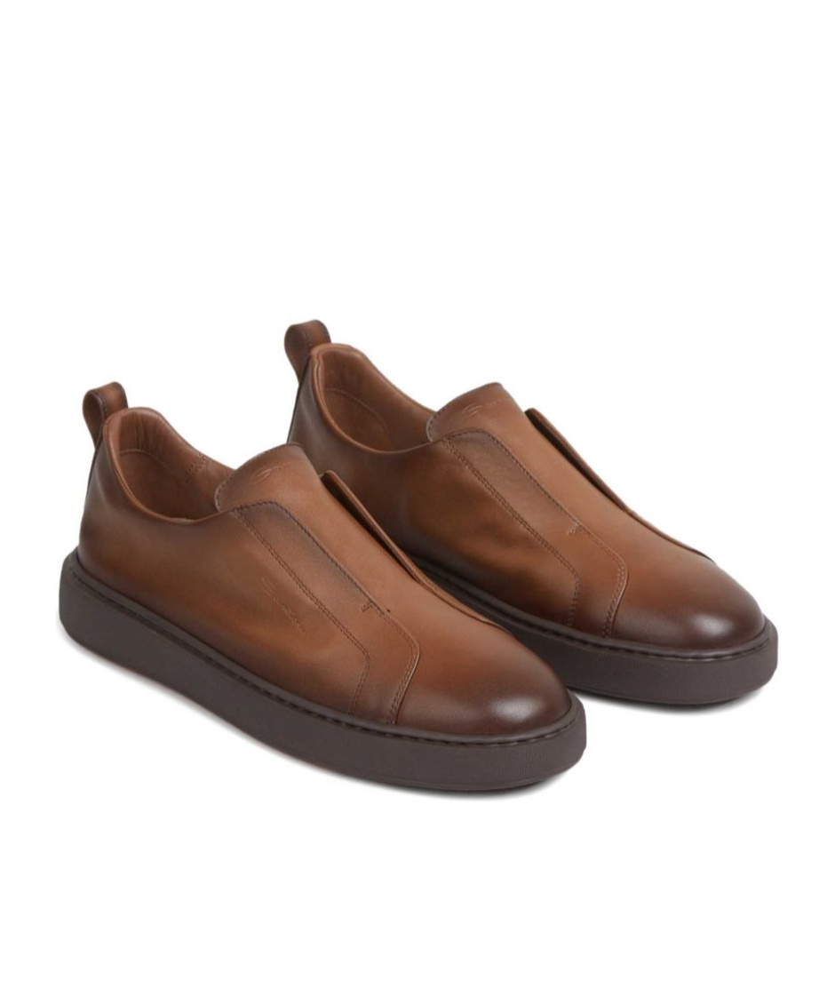 Santoni Smooth Leather Sneakers In Brown