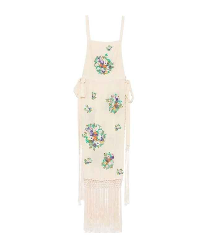 Bode Flower Language Backless Long Fringe Dress In Light Brown