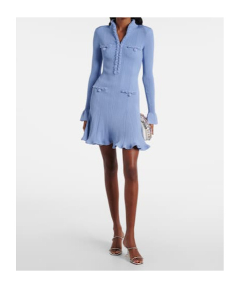 Self-portrait Faux Pearl-embellished Ribbed-knit Mini Dress In Blue