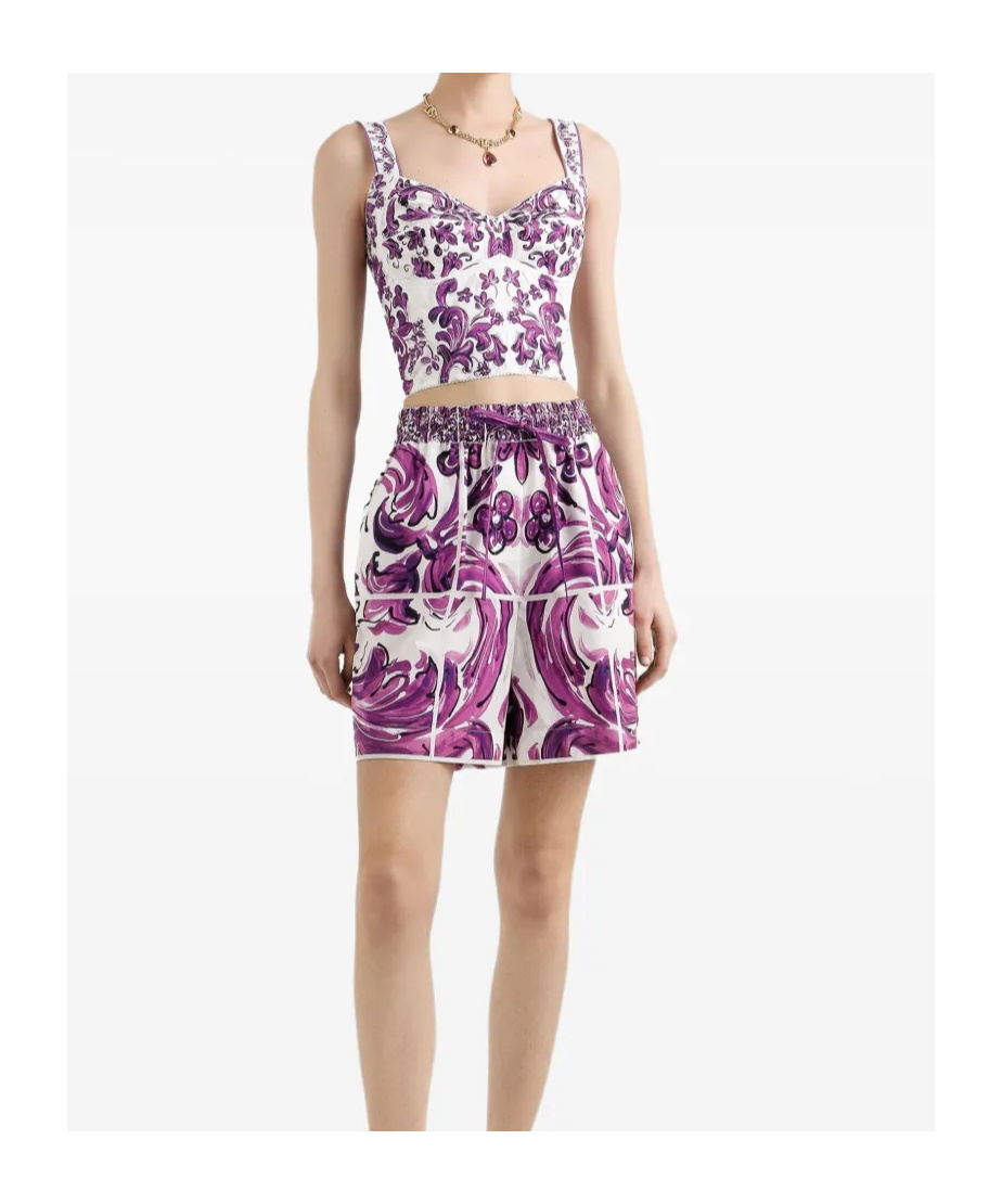 Dolce & Gabbana Cotton Blend Bustier Top With Maiolica Print In Purple