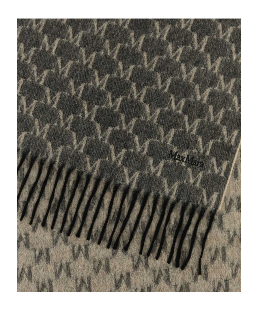 Max Mara Logo Scarf With Embroidered Design And Fringes In Gray