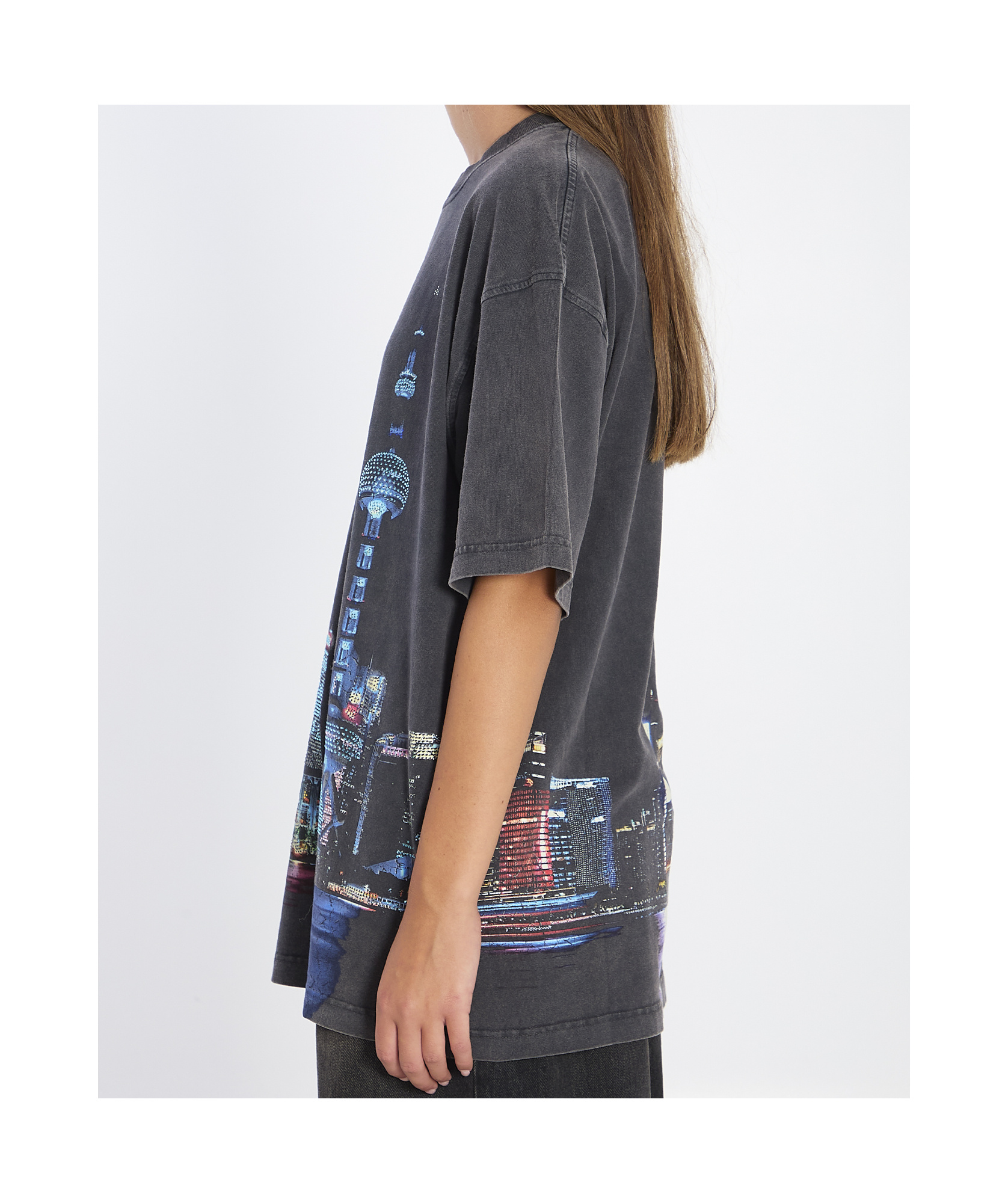 Alexander Wang Women T-shirt With Thermo-applied Rhinestones And Shanghai Skyline In Blue