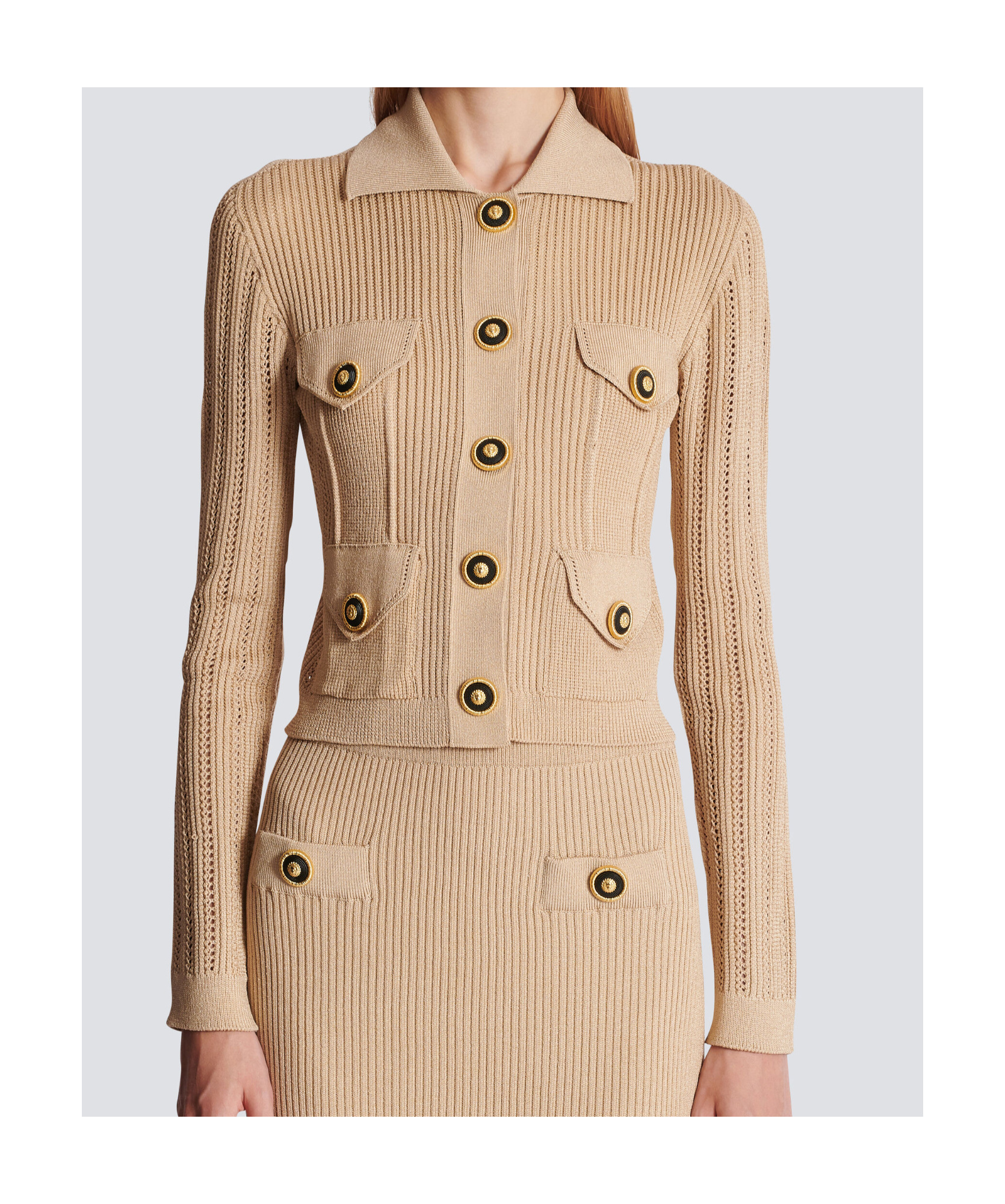 Shop Balmain Cropped Ribbed Knit Cardigan With Openwork Details In Nude