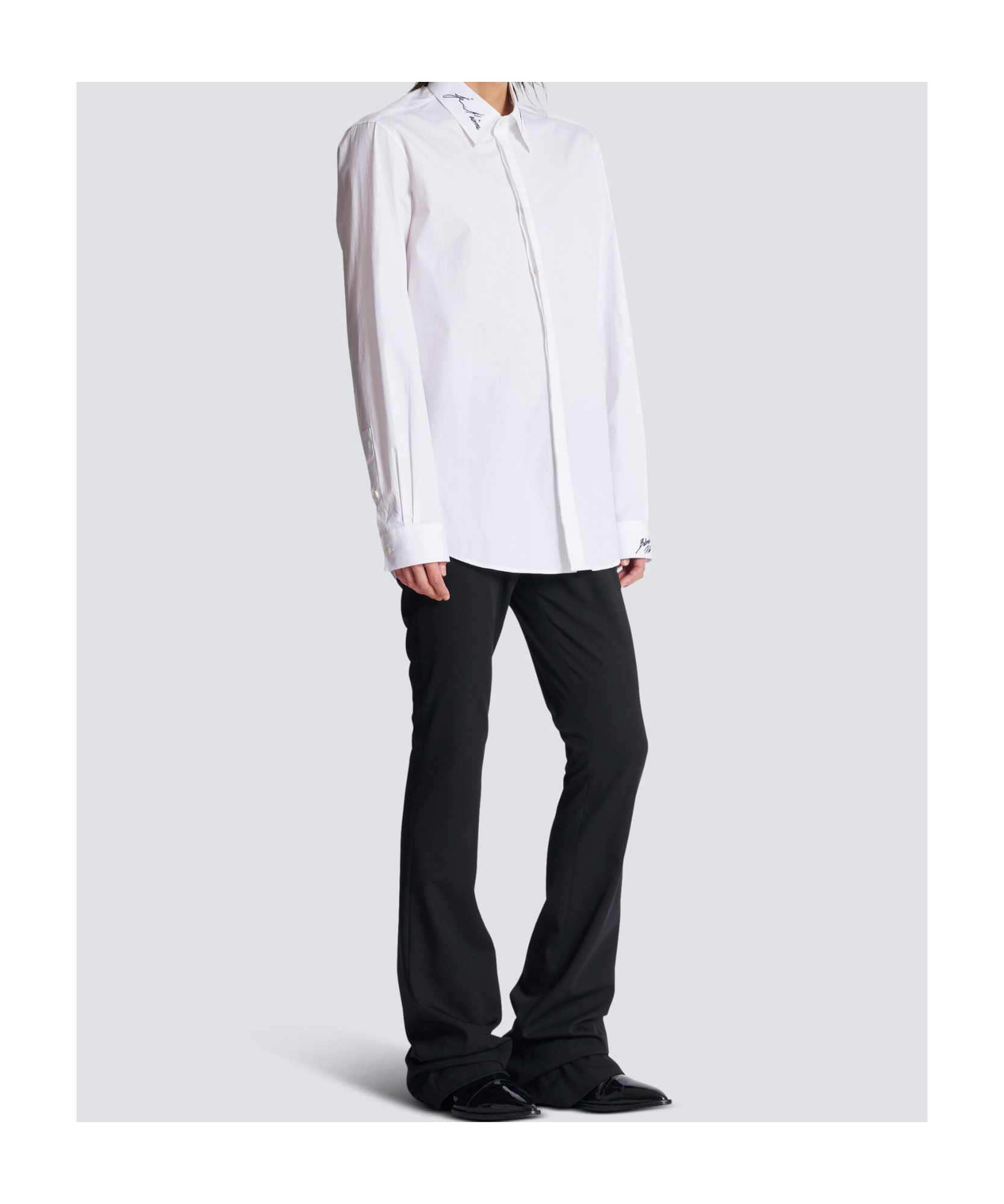 Shop Balmain Poplin Shirt With Embroidered Collar In White