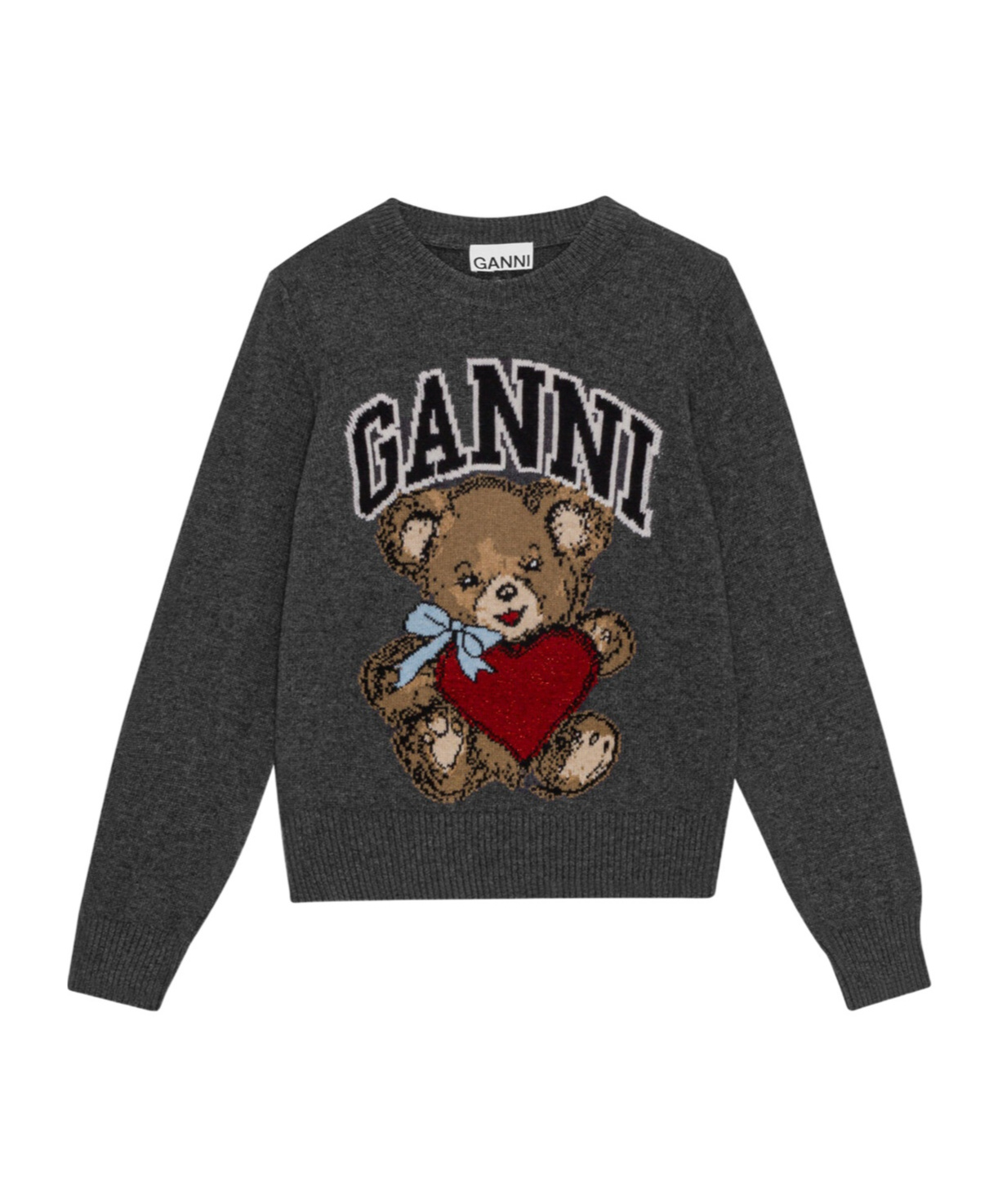 Ganni Wool Graphic Bear Crewneck Sweater In Black